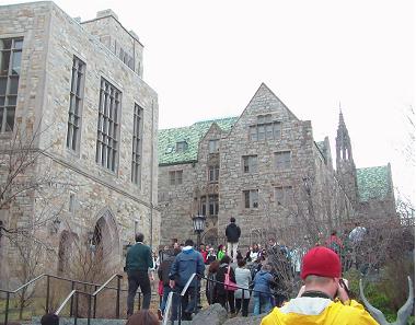 students hurrying to class at BC